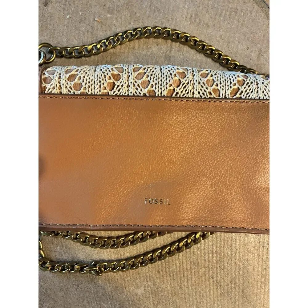Fossil Ainsley Wallet Crossbody Chain Strap Bag Caramel cream‎ crochet design